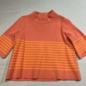Roolee Short Sleeve Mock Neck Sweater Coral Orange Stripes Small Women S